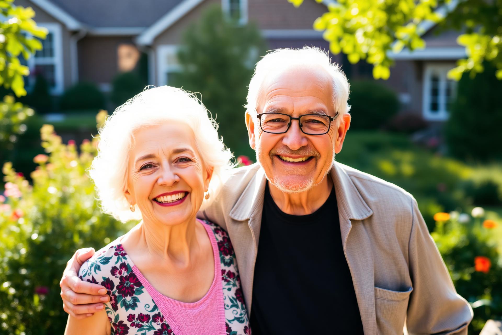 Smiling senior couple in a sunlit garden